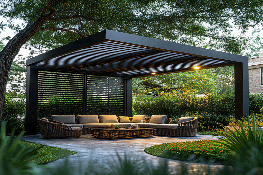 Three-post aluminum cabana with motorized louver roof and privacy slat wall, surrounded by lush landscaping.