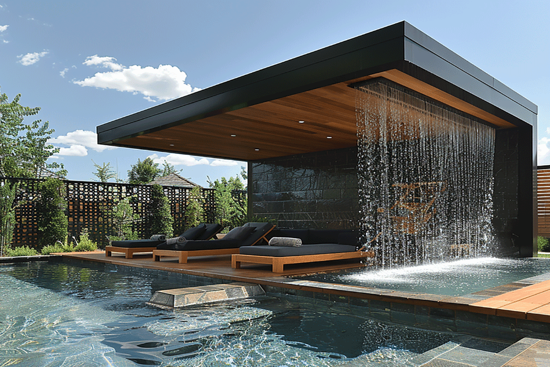 Modern cantilever patio with rain curtain