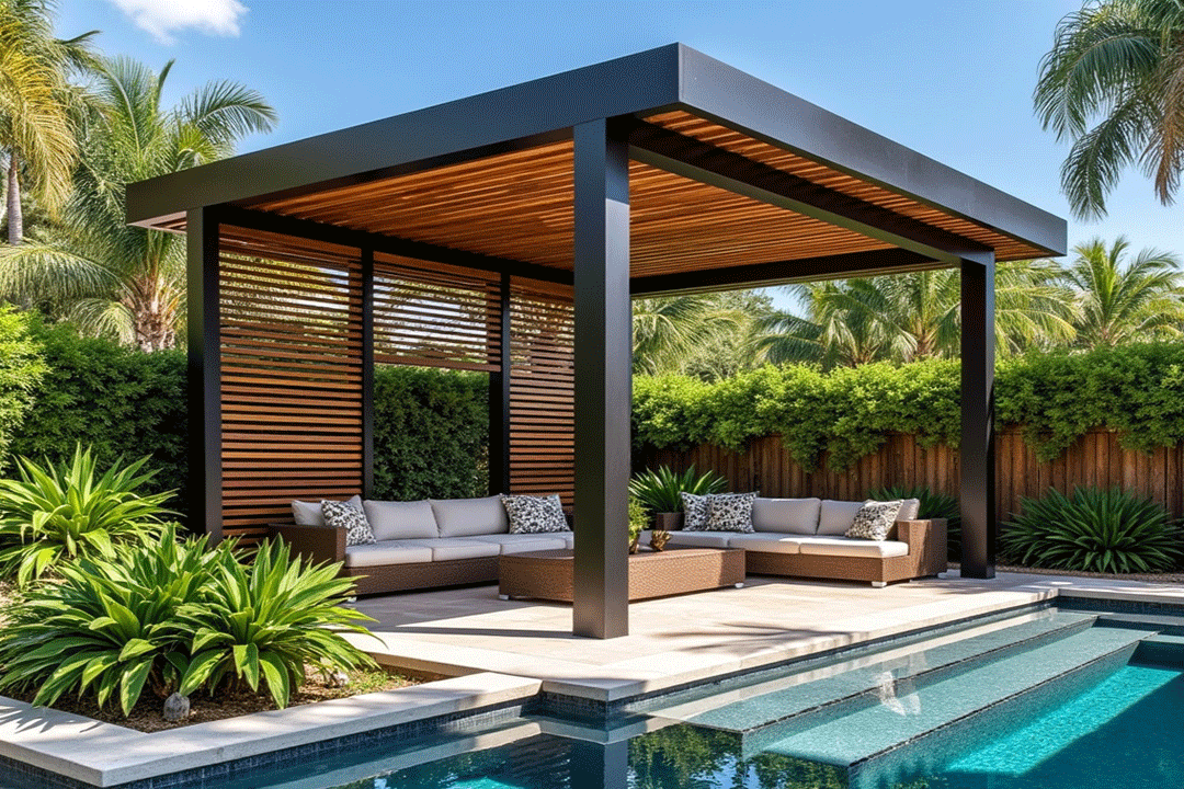 Modern aluminum cabana with wood slat walls beside a pool in a tropical backyard setting.